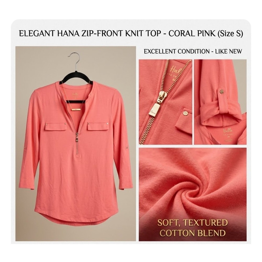 Belle by Kim Gravel Zip Front Knit Top Coral Pink 3/4 Roll Tab Sleeve Small